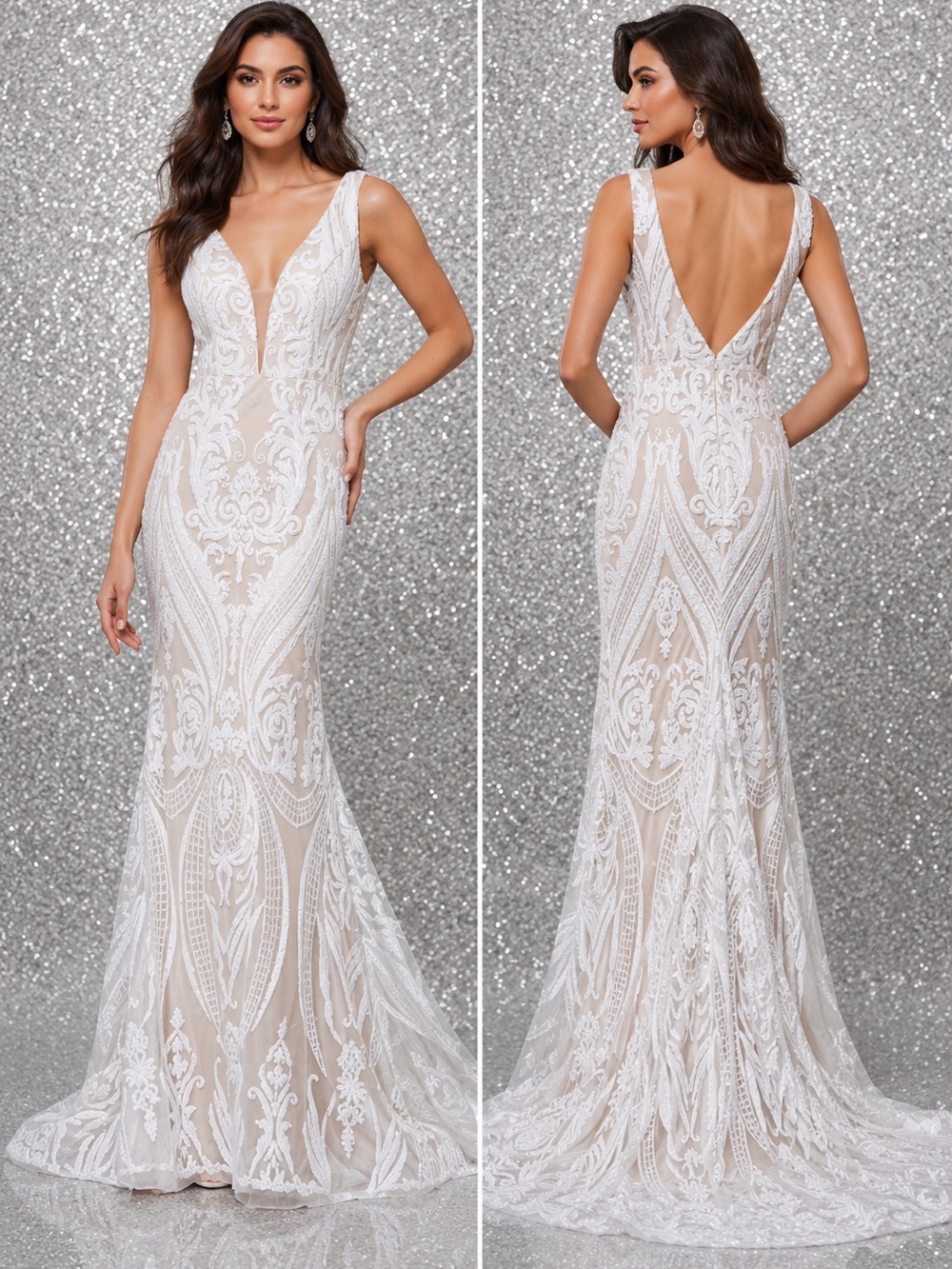 Jess by Jadore JA1006 Lace Plunging V-Neck Formal Wedding Dress Gown Size 6 NWT